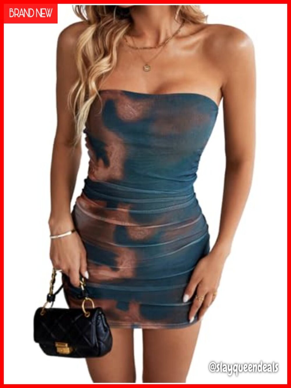 Women's Strapless Ruched Bodycon Mini Dress Lined Print Mesh Party Club Tube